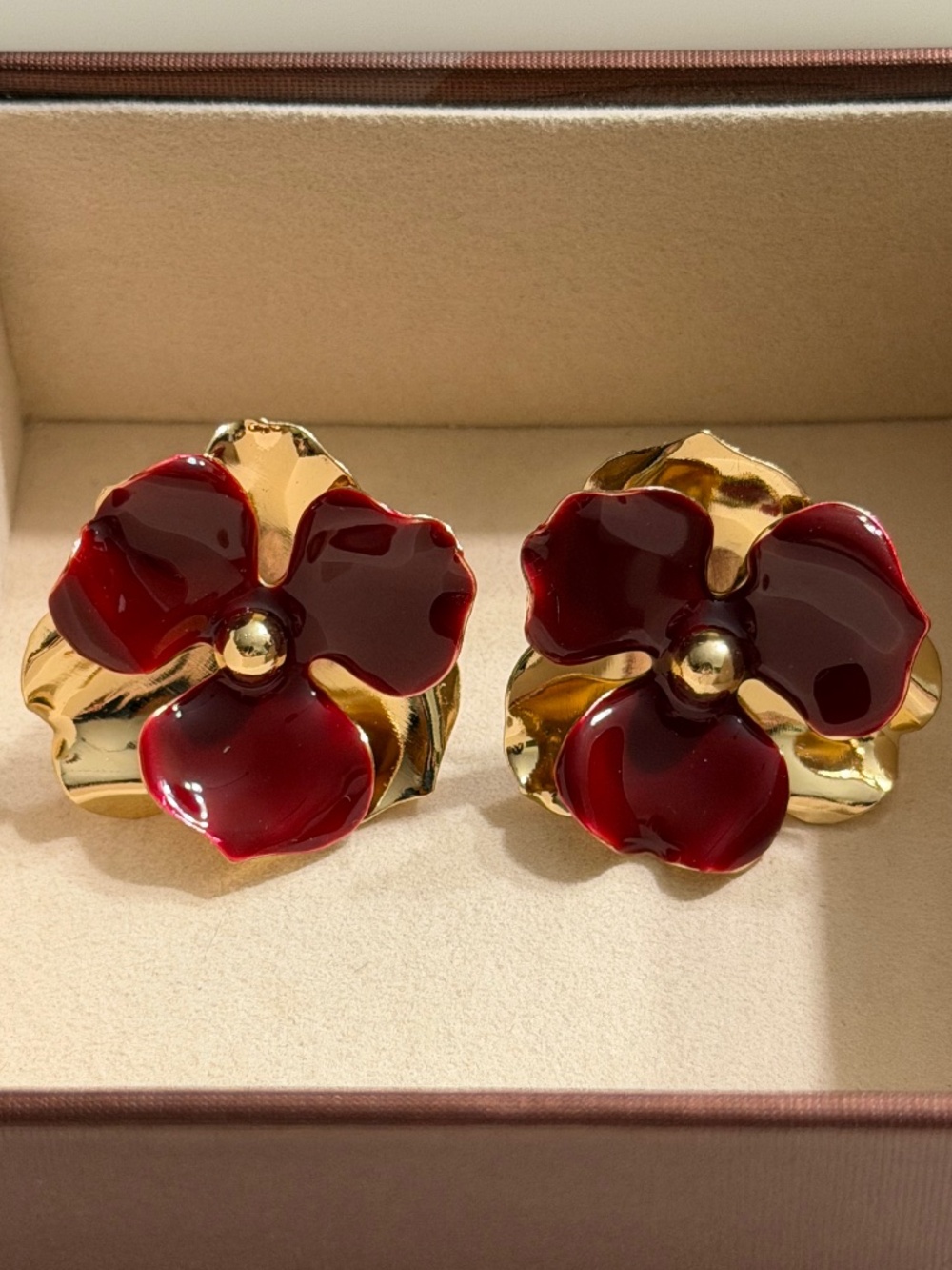 Golden Burgundy Double Layer Irregular 3-Petal Flower Stud Statement Earrings